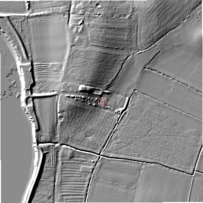 Shaded relief map of the ground around GL23WT, computed from Environment Agency LiDAR. The ground here sits at about 7 m above sea level and falls 10 m across the surrounding 800 m. Surface water reaching this point runs off ground lying to the west-north-west, 7.4 m higher.