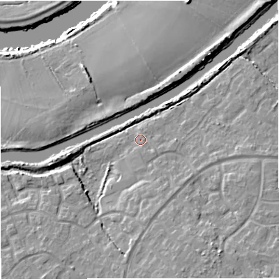 Shaded relief map of the ground around GL24FY, computed from Environment Agency LiDAR. The ground here sits at about 11 m above sea level and falls 12 m across the surrounding 800 m. Surface water reaching this point runs off ground lying to the south-east, 1.6 m higher.