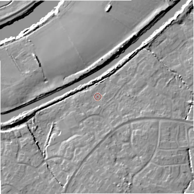 Shaded relief map of the ground around GL24GF, computed from Environment Agency LiDAR. The ground here sits at about 11 m above sea level and falls 12 m across the surrounding 800 m. Surface water reaching this point runs off ground lying to the south-south-east, 6.2 m higher.