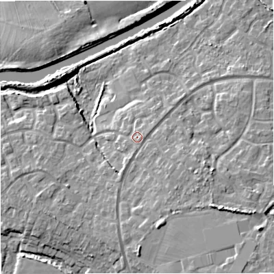Shaded relief map of the ground around GL24GH, computed from Environment Agency LiDAR. The ground here sits at about 14 m above sea level and falls 10 m across the surrounding 800 m. Surface water reaching this point runs off ground lying to the east, 1.4 m higher.