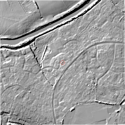 Shaded relief map of the ground around GL24GJ, computed from Environment Agency LiDAR. The ground here sits at about 14 m above sea level and falls 10 m across the surrounding 800 m. Surface water reaching this point runs off ground lying to the south-south-east, 1.6 m higher.