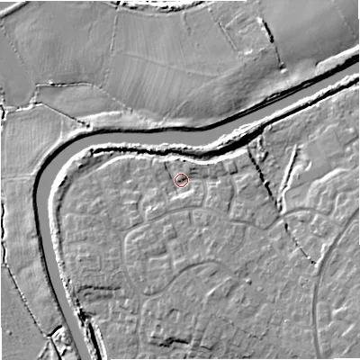 Shaded relief map of the ground around GL24GS, computed from Environment Agency LiDAR. The ground here sits at about 11 m above sea level and falls 11 m across the surrounding 800 m. Surface water reaching this point runs off ground lying to the south, 4.2 m higher.