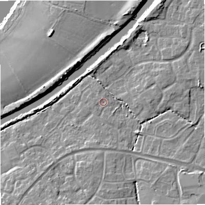Shaded relief map of the ground around GL24GY, computed from Environment Agency LiDAR. The ground here sits at about 12 m above sea level and falls 12 m across the surrounding 800 m. Surface water reaching this point runs off ground lying to the south, 1.0 m higher.