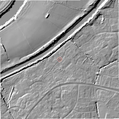 Shaded relief map of the ground around GL24HD, computed from Environment Agency LiDAR. The ground here sits at about 11 m above sea level and falls 12 m across the surrounding 800 m. Surface water reaching this point runs off ground lying to the east, 1.5 m higher.