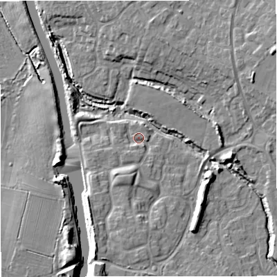 Shaded relief map of the ground around GL24JL, computed from Environment Agency LiDAR. The ground here sits at about 11 m above sea level and falls 10 m across the surrounding 800 m. Surface water reaching this point runs off ground lying to the south-east, 8.3 m higher.