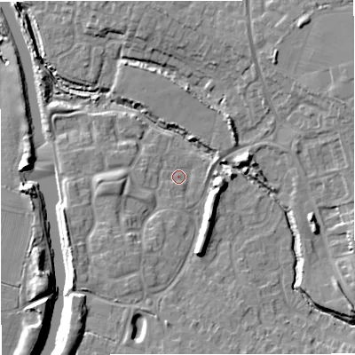 Shaded relief map of the ground around GL24JN, computed from Environment Agency LiDAR. The ground here sits at about 11 m above sea level and falls 10 m across the surrounding 800 m. Surface water reaching this point runs off ground lying to the east-north-east, 7.6 m higher.