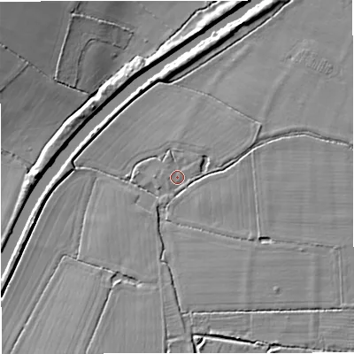 Shaded relief map of the ground around GL24JR, computed from Environment Agency LiDAR. The ground here sits at about 11 m above sea level and falls 10 m across the surrounding 800 m. Surface water reaching this point runs off ground lying to the east-north-east, 1.9 m higher.