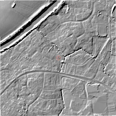Shaded relief map of the ground around GL24JW, computed from Environment Agency LiDAR. The ground here sits at about 12 m above sea level and falls 10 m across the surrounding 800 m. Surface water reaching this point runs off ground lying to the south-west, 2.8 m higher.