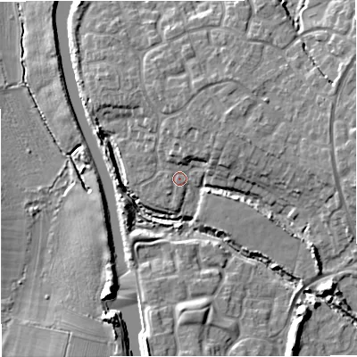 Shaded relief map of the ground around GL24LB, computed from Environment Agency LiDAR. The ground here sits at about 11 m above sea level and falls 9 m across the surrounding 800 m. Surface water reaching this point runs off ground lying to the north-north-east, 4.3 m higher.