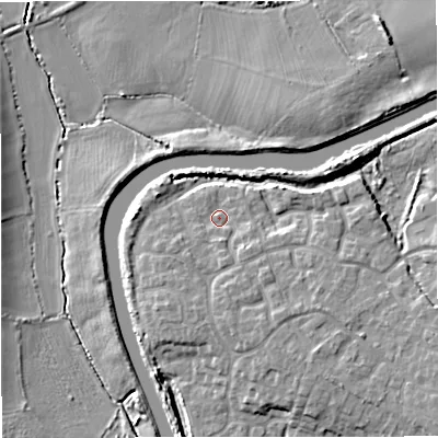 Shaded relief map of the ground around GL24LE, computed from Environment Agency LiDAR. The ground here sits at about 11 m above sea level and falls 8 m across the surrounding 800 m. Surface water reaching this point runs off ground lying to the south, 3.2 m higher.