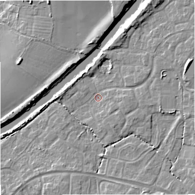 Shaded relief map of the ground around GL24NJ, computed from Environment Agency LiDAR. The ground here sits at about 12 m above sea level and falls 10 m across the surrounding 800 m. Surface water reaching this point runs off ground lying to the east-north-east, 6.3 m higher.
