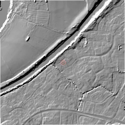 Shaded relief map of the ground around GL24NT, computed from Environment Agency LiDAR. The ground here sits at about 12 m above sea level and falls 13 m across the surrounding 800 m. Surface water reaching this point runs off ground lying to the north, 2.3 m higher.