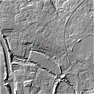 Shaded relief map of the ground around GL24PT, computed from Environment Agency LiDAR. The ground here sits at about 13 m above sea level and falls 9 m across the surrounding 800 m. Surface water reaching this point runs off ground lying to the north-north-east, 2.3 m higher.