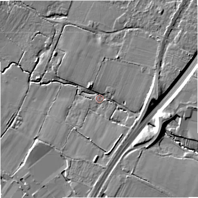 Shaded relief map of the ground around GL24RD, computed from Environment Agency LiDAR. The ground here sits at about 18 m above sea level and falls 12 m across the surrounding 800 m. Surface water reaching this point runs off ground lying to the east, 8.2 m higher.
