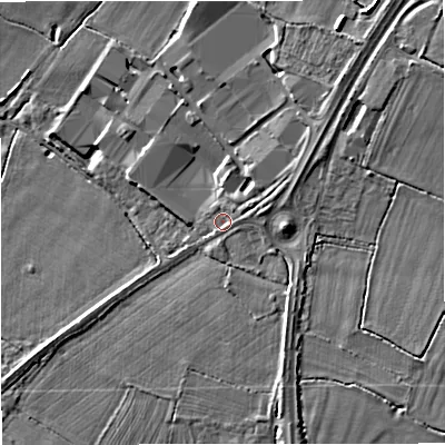 Shaded relief map of the ground around GL24RH, computed from Environment Agency LiDAR. The ground here sits at about 17 m above sea level and falls 10 m across the surrounding 800 m. Surface water reaching this point runs off ground lying to the north-east, 3.3 m higher.
