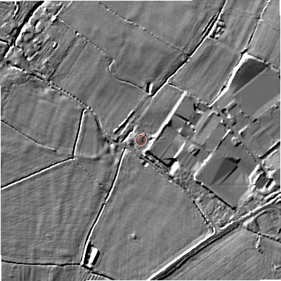 Shaded relief map of the ground around GL24RJ, computed from Environment Agency LiDAR. The ground here sits at about 14 m above sea level and falls 8 m across the surrounding 800 m. Surface water reaching this point runs off ground lying to the north-east, 5.7 m higher.