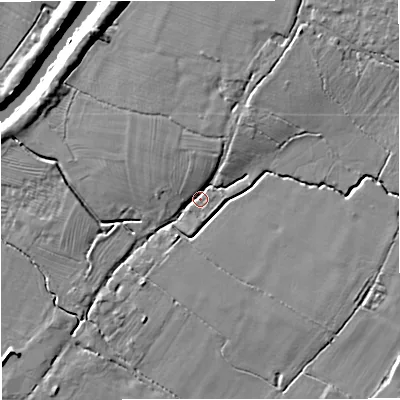 Shaded relief map of the ground around GL24RP, computed from Environment Agency LiDAR. The ground here sits at about 13 m above sea level and falls 9 m across the surrounding 800 m. Surface water reaching this point runs off ground lying to the north-north-east, 4.1 m higher.