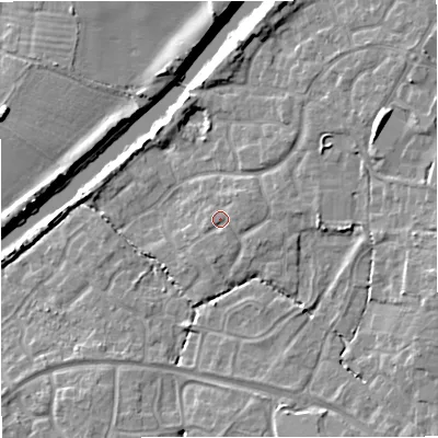 Shaded relief map of the ground around GL24SG, computed from Environment Agency LiDAR. The ground here sits at about 14 m above sea level and falls 10 m across the surrounding 800 m. Surface water reaching this point runs off ground lying to the north-east, 1.3 m higher.