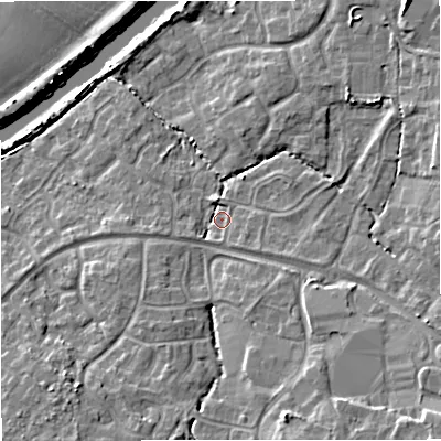 Shaded relief map of the ground around GL24WX, computed from Environment Agency LiDAR. The ground here sits at about 13 m above sea level and falls 9 m across the surrounding 800 m. Surface water reaching this point runs off ground lying to the south-east, 6.8 m higher.