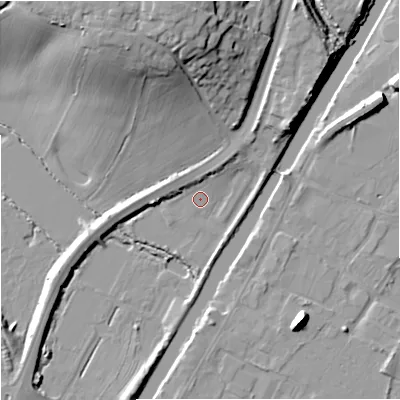 Shaded relief map of the ground around GL25BT, computed from Environment Agency LiDAR. The ground here sits at about 10 m above sea level and falls 21 m across the surrounding 800 m. Surface water reaching this point runs off ground lying to the north, 2.3 m higher.