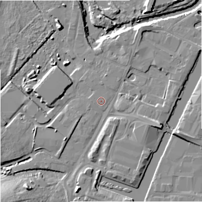 Shaded relief map of the ground around GL25DG, computed from Environment Agency LiDAR. The ground here sits at about 10 m above sea level and falls 12 m across the surrounding 800 m. Surface water reaching this point runs off ground lying to the south-west, 2.7 m higher.