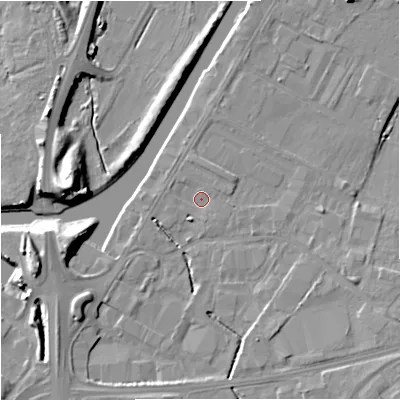 Shaded relief map of the ground around GL25DN, computed from Environment Agency LiDAR. The ground here sits at about 11 m above sea level and falls 12 m across the surrounding 800 m. Surface water reaching this point runs off ground lying to the south-west, 5.1 m higher.