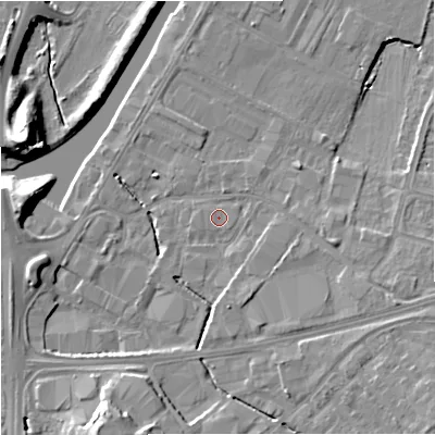 Shaded relief map of the ground around GL25DQ, computed from Environment Agency LiDAR. The ground here sits at about 12 m above sea level and falls 12 m across the surrounding 800 m. Surface water reaching this point runs off ground lying to the east-north-east, 0.8 m higher.