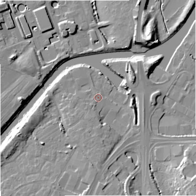 Shaded relief map of the ground around GL25EA, computed from Environment Agency LiDAR. The ground here sits at about 13 m above sea level and falls 15 m across the surrounding 800 m. Surface water reaching this point runs off ground lying to the south-west, 2.8 m higher.