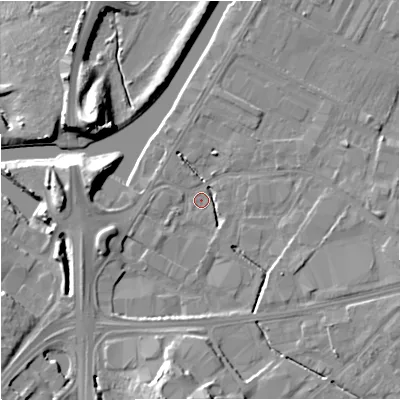 Shaded relief map of the ground around GL25EE, computed from Environment Agency LiDAR. The ground here sits at about 12 m above sea level and falls 11 m across the surrounding 800 m. Surface water reaching this point runs off ground lying to the south, 9.8 m higher.