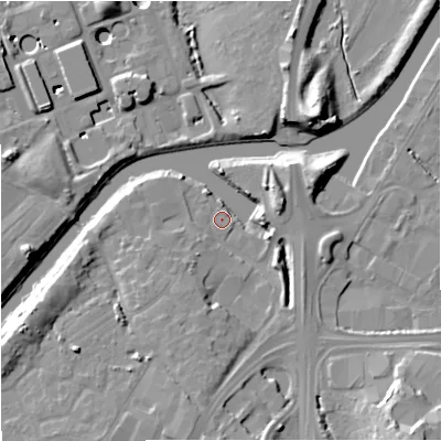Shaded relief map of the ground around GL25EG, computed from Environment Agency LiDAR. The ground here sits at about 12 m above sea level and falls 16 m across the surrounding 800 m. Surface water reaching this point runs off ground lying to the east-north-east, 7.8 m higher.