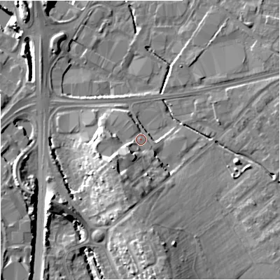 Shaded relief map of the ground around GL25EL, computed from Environment Agency LiDAR. The ground here sits at about 16 m above sea level and falls 15 m across the surrounding 800 m. Surface water reaching this point runs off ground lying to the south-south-west, 8.6 m higher.