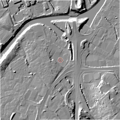Shaded relief map of the ground around GL25EN, computed from Environment Agency LiDAR. The ground here sits at about 12 m above sea level and falls 14 m across the surrounding 800 m. Surface water reaching this point runs off ground lying to the south-west, 4.1 m higher.