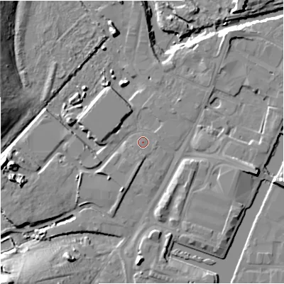 Shaded relief map of the ground around GL25FD, computed from Environment Agency LiDAR. The ground here sits at about 10 m above sea level and falls 19 m across the surrounding 800 m. Surface water reaching this point runs off ground lying to the south, 1.5 m higher.