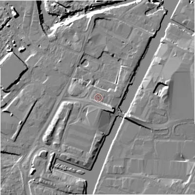 Shaded relief map of the ground around GL25FU, computed from Environment Agency LiDAR. The ground here sits at about 12 m above sea level and falls 11 m across the surrounding 800 m. Surface water reaching this point runs off ground lying to the south-south-east, 1.5 m higher.