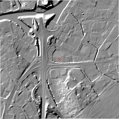 Shaded relief map of the ground around GL25GL, computed from Environment Agency LiDAR. The ground here sits at about 12 m above sea level and falls 14 m across the surrounding 800 m. Surface water reaching this point runs off ground lying to the south-south-east, 1.7 m higher.