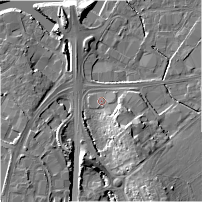 Shaded relief map of the ground around GL25HA, computed from Environment Agency LiDAR. The ground here sits at about 14 m above sea level and falls 15 m across the surrounding 800 m. Surface water reaching this point runs off ground lying to the east-south-east, 5.8 m higher.