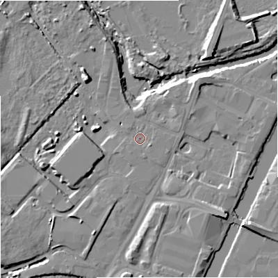 Shaded relief map of the ground around GL25HD, computed from Environment Agency LiDAR. The ground here sits at about 10 m above sea level and falls 11 m across the surrounding 800 m. Surface water reaching this point runs off ground lying to the east-south-east, 1.2 m higher.