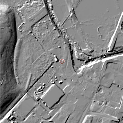 Shaded relief map of the ground around GL25HG, computed from Environment Agency LiDAR. The ground here sits at about 10 m above sea level and falls 17 m across the surrounding 800 m. Surface water reaching this point runs off ground lying to the west, 5.5 m higher.
