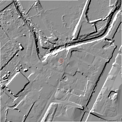Shaded relief map of the ground around GL25HL, computed from Environment Agency LiDAR. The ground here sits at about 12 m above sea level and falls 11 m across the surrounding 800 m. Surface water reaching this point runs off ground lying to the north-north-west, 1.8 m higher.