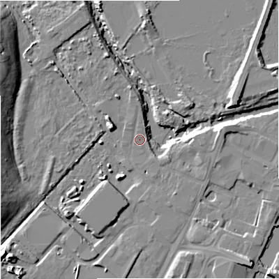 Shaded relief map of the ground around GL25HS, computed from Environment Agency LiDAR. The ground here sits at about 10 m above sea level and falls 14 m across the surrounding 800 m. Surface water reaching this point runs off ground lying to the north, 1.1 m higher.
