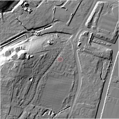 Shaded relief map of the ground around GL25JN, computed from Environment Agency LiDAR. The ground here sits at about 13 m above sea level and falls 19 m across the surrounding 800 m. Surface water reaching this point runs off ground lying to the south-west, 14.1 m higher.