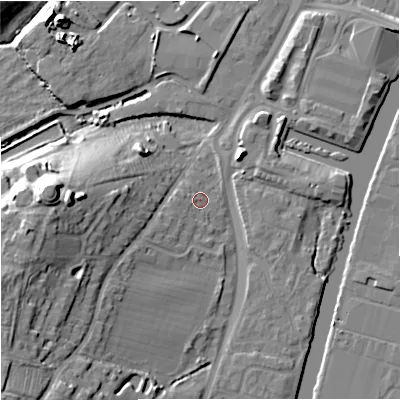 Shaded relief map of the ground around GL25JP, computed from Environment Agency LiDAR. The ground here sits at about 12 m above sea level and falls 19 m across the surrounding 800 m. Surface water reaching this point runs off ground lying to the west, 1.8 m higher.