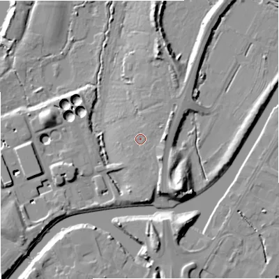 Shaded relief map of the ground around GL25LE, computed from Environment Agency LiDAR. The ground here sits at about 13 m above sea level and falls 16 m across the surrounding 800 m. Surface water reaching this point runs off ground lying to the east, 3.4 m higher.