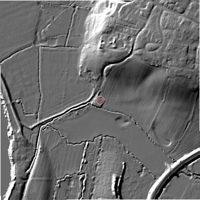 Shaded relief map of the ground around GL25LP, computed from Environment Agency LiDAR. The ground here sits at about 10 m above sea level and falls 24 m across the surrounding 800 m. Surface water reaching this point runs off ground lying to the east-north-east, 20.8 m higher.