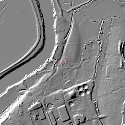Shaded relief map of the ground around GL25LR, computed from Environment Agency LiDAR. The ground here sits at about 10 m above sea level and falls 16 m across the surrounding 800 m. Surface water reaching this point runs off ground lying to the south-west, 6.2 m higher.