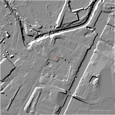 Shaded relief map of the ground around GL25QT, computed from Environment Agency LiDAR. The ground here sits at about 11 m above sea level and falls 11 m across the surrounding 800 m. Surface water reaching this point runs off ground lying to the south-south-east, 5.9 m higher.