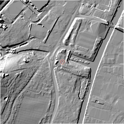 Shaded relief map of the ground around GL25SG, computed from Environment Agency LiDAR. The ground here sits at about 12 m above sea level and falls 16 m across the surrounding 800 m. Surface water reaching this point runs off ground lying to the west, 4.2 m higher.