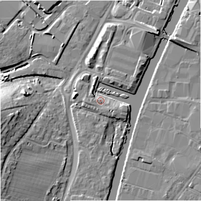Shaded relief map of the ground around GL25SH, computed from Environment Agency LiDAR. The ground here sits at about 12 m above sea level and falls 11 m across the surrounding 800 m. Surface water reaching this point runs off ground lying to the south-east, 3.5 m higher.
