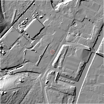 Shaded relief map of the ground around GL25WZ, computed from Environment Agency LiDAR. The ground here sits at about 10 m above sea level and falls 18 m across the surrounding 800 m. Surface water reaching this point runs off ground lying to the west-south-west, 2.7 m higher.