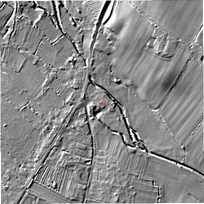 Shaded relief map of the ground around GL27AA, computed from Environment Agency LiDAR. The ground here sits at about 13 m above sea level and falls 16 m across the surrounding 800 m. Surface water reaching this point runs off ground lying to the south-south-east, 3.5 m higher.